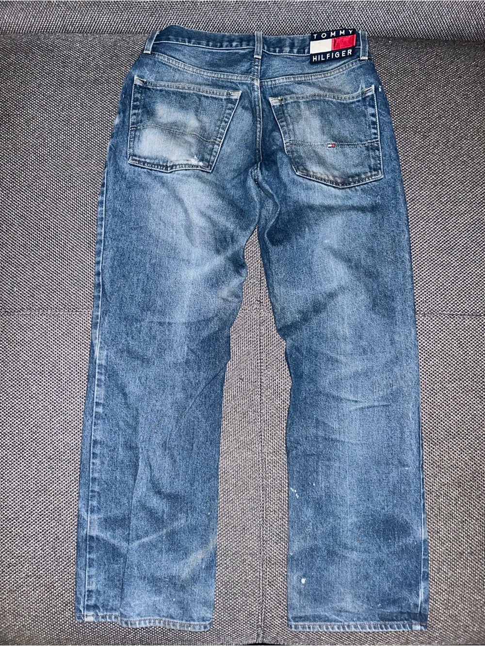 90s Tommy Hilfiger Faded Honeycomb Distressed Washed Blue Relaxed Jeans